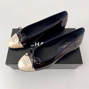 CHANEL | CC Logo Cap Toe Bow Ballet Flats Black Brown Cream EU 39.5